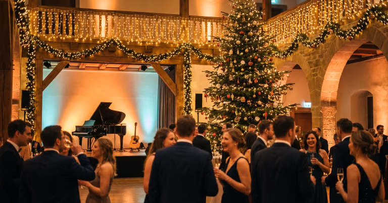 Festlich geschmückter Saal einer Firmenweihnachtsfeier mit Live-Musik-Bühne