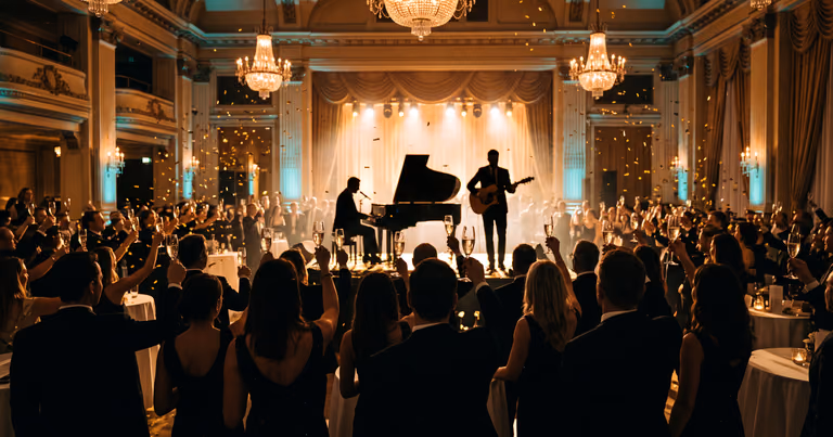 Festlicher Toast beim Firmenjubiläum im Ballsaal: erhobene Sektgläser, Goldkonfetti, Duo auf der Bühne