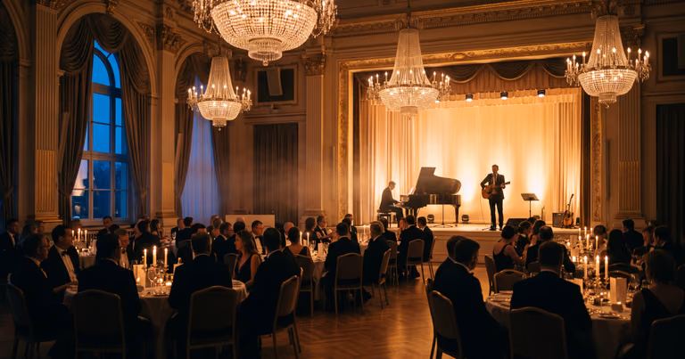 Elegante Abend-Gala im Ballsaal: Duo mit Flügel und Gitarre auf edler Bühne