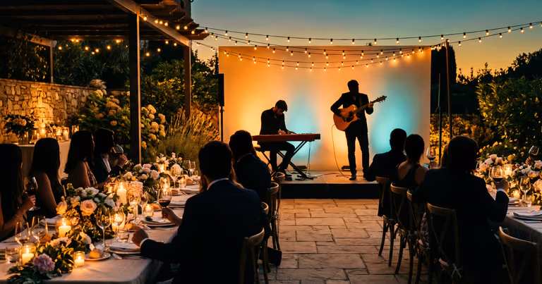 Private Gartenfeier am Abend: festliche Tafel unter Lichterketten, Duo auf der Terrassenbühne