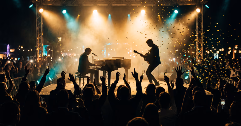 Show-Moment auf einer Firmenfeier: Duo mit Piano und Gitarre im Gegenlicht, Konfetti über dem Publikum