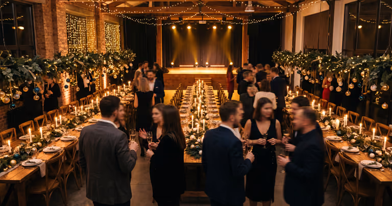 Festlich geschmückter Loft-Saal einer Firmenweihnachtsfeier mit Lichterketten
