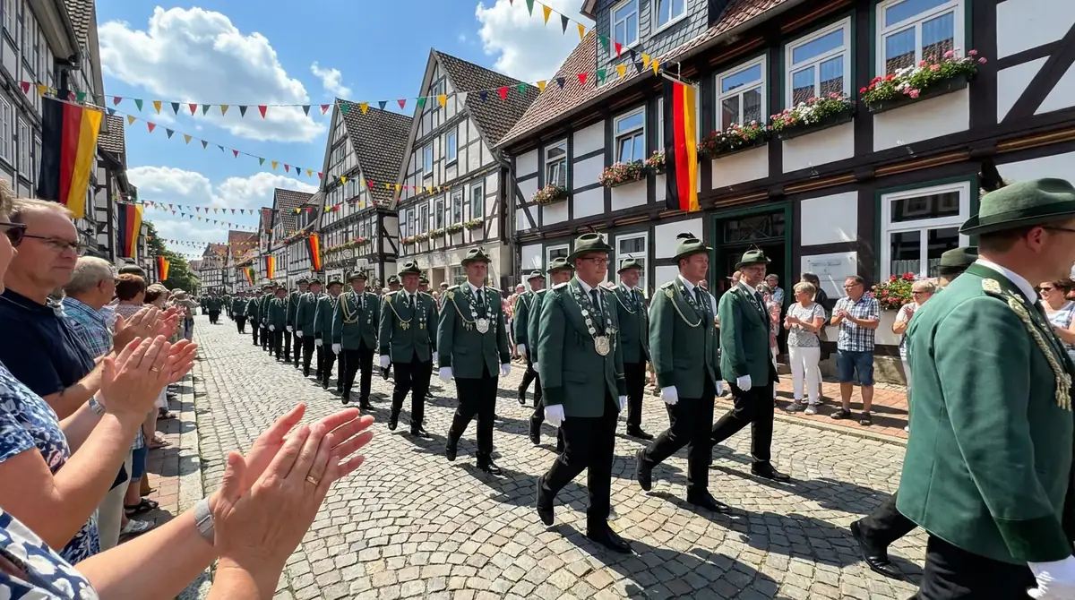 Traditioneller Schützenfest-Festumzug mit Schützen in Uniform durch eine geschmückte Ortschaft
