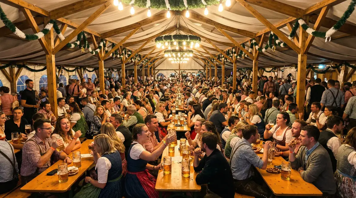 Traditionelles deutsches Festzelt mit geschmückten Girlanden und feiernden Gästen