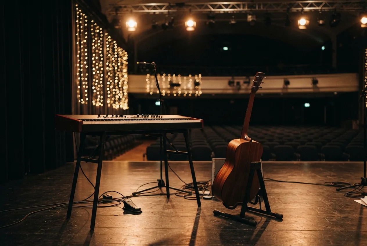 Bühne vor dem Auftritt in Hannover: Stage-Piano und Akustikgitarre im warmen Licht vor leeren Stuhlreihen