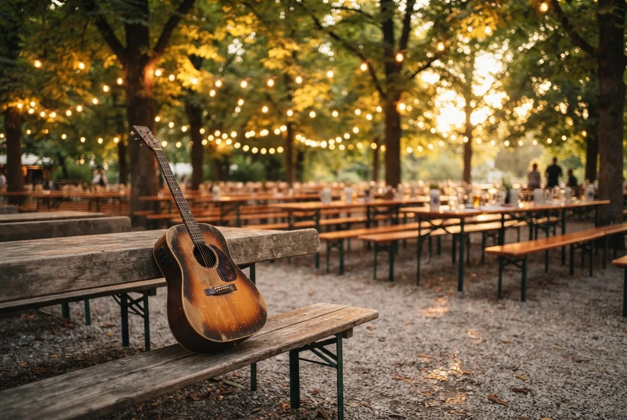 Münchner Biergarten am Abend: Akustikgitarre auf einer Holzbank unter Kastanien und Lichterketten
