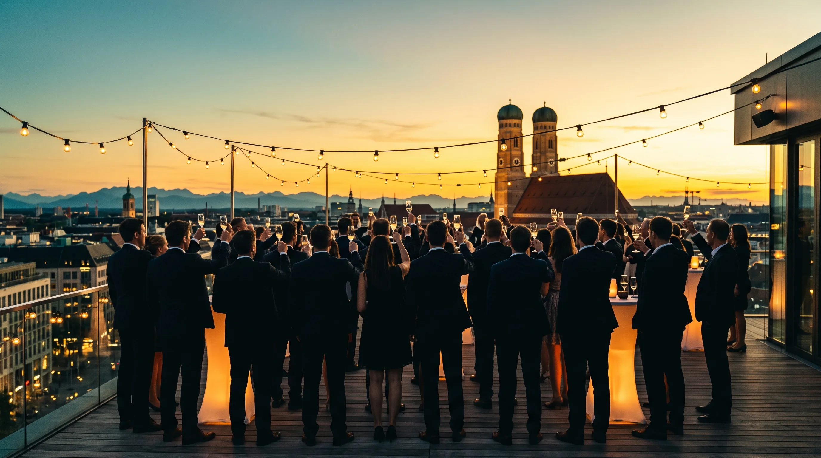 Dachterrassen-Firmenfeier über München: Gäste beim Toast vor der Skyline mit Frauenkirche und Alpen