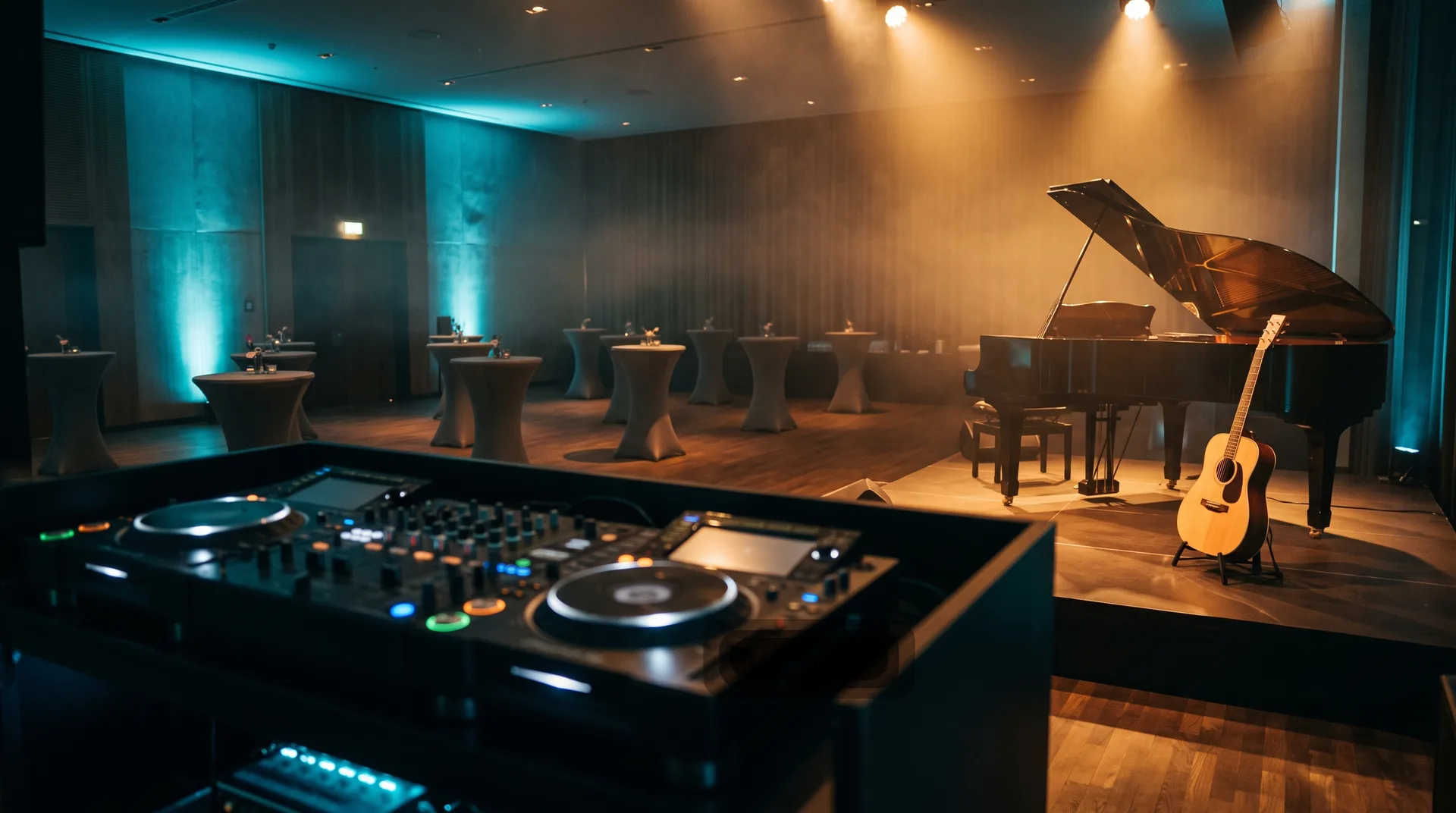 DJ-Pult im Vordergrund, dahinter beleuchtete Bühne mit Klavier und Gitarre