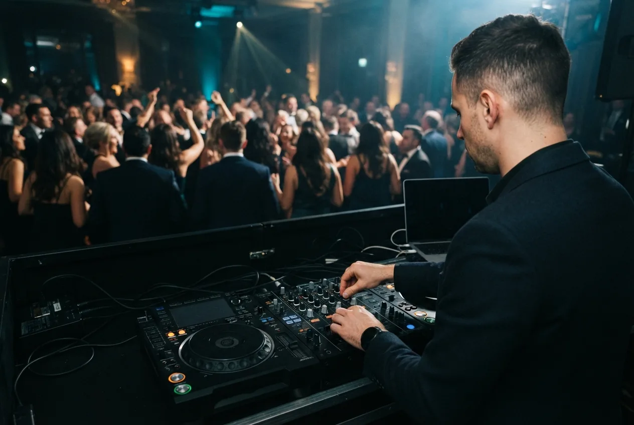 DJ von hinten am Pult vor voller Tanzfläche bei einer Firmenfeier