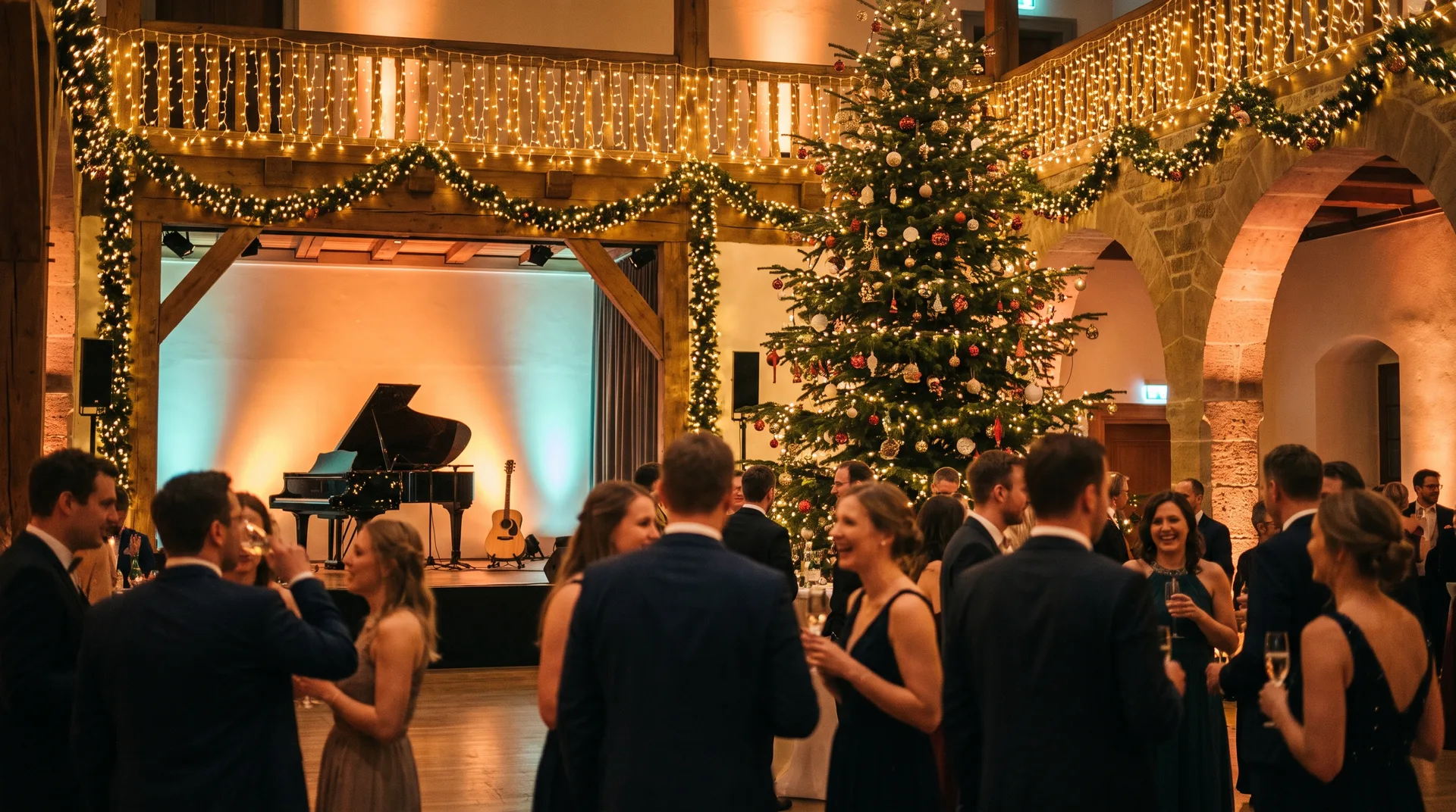 Festlich geschmückter Saal einer Firmenweihnachtsfeier mit Bühne, Klavier und Gitarre