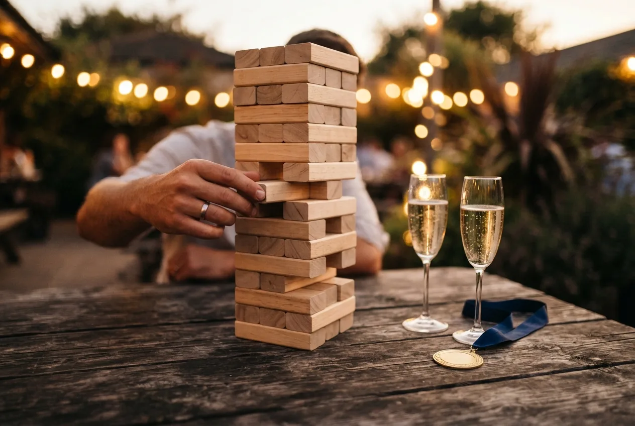Jenga XXL bei einer sommerlichen Betriebsfeier im Innenhof — eine Hand zieht einen Holzklotz