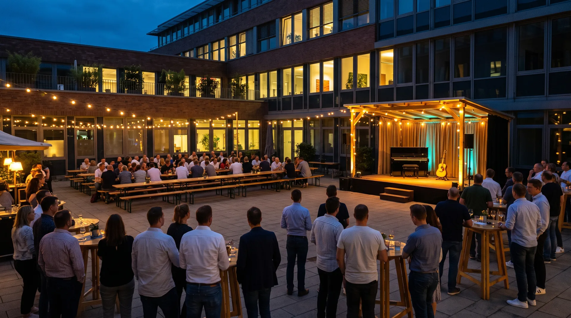 Sommerliches Firmenfest im Innenhof mit Lichterketten und Bühne zur blauen Stunde