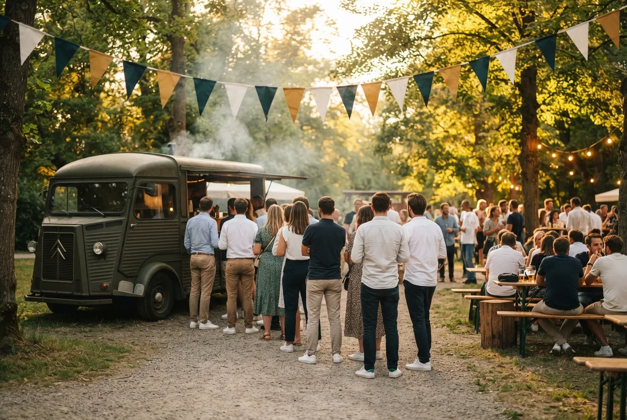 Firmen-Sommerfest mit Foodtruck und Wimpelketten unter Bäumen