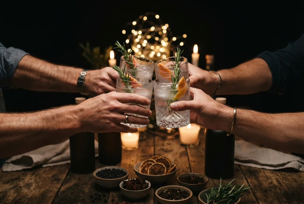 Hände stoßen mit Gin-Tumblern beim Firmen-Tasting an