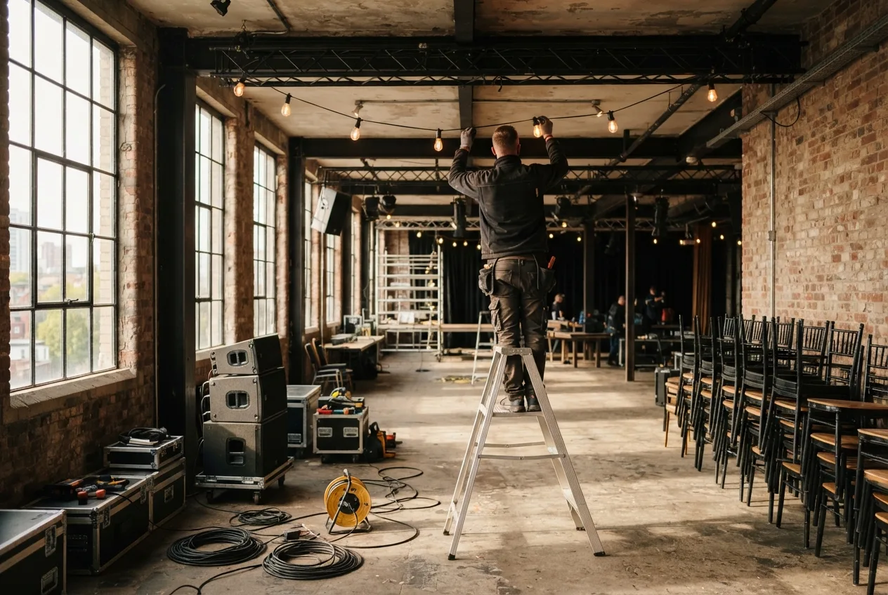 Techniker hängt beim Aufbau in einer Eventlocation Lichterketten auf