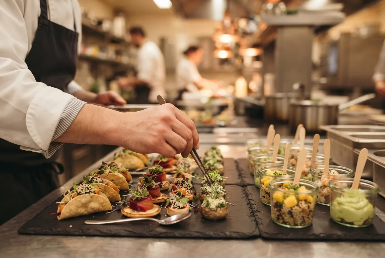 Caterer richtet Fingerfood-Häppchen auf Schieferplatten an
