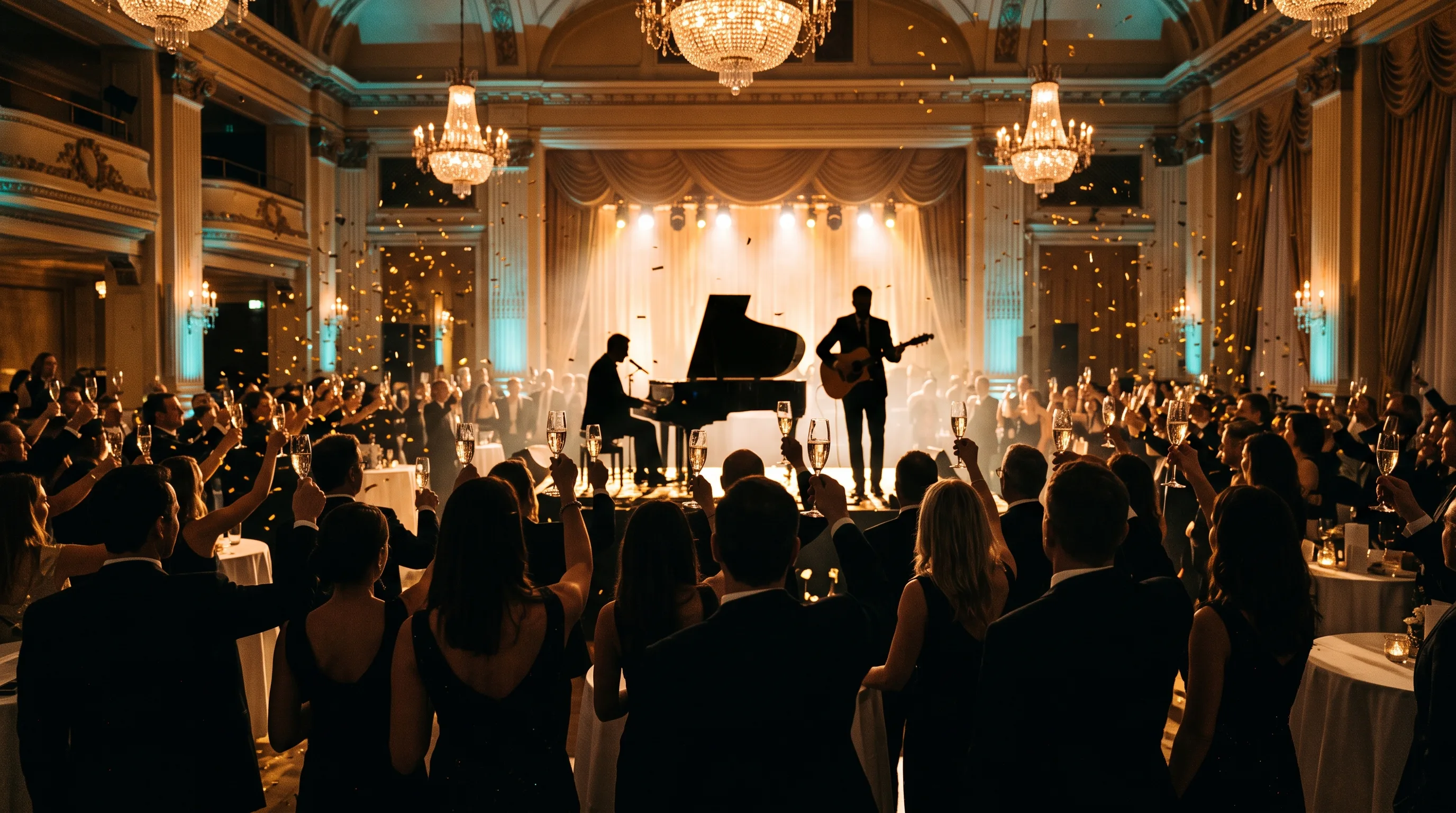 Festlicher Toast beim Firmenjubiläum im Ballsaal: erhobene Sektgläser, Goldkonfetti, Duo auf der Bühne