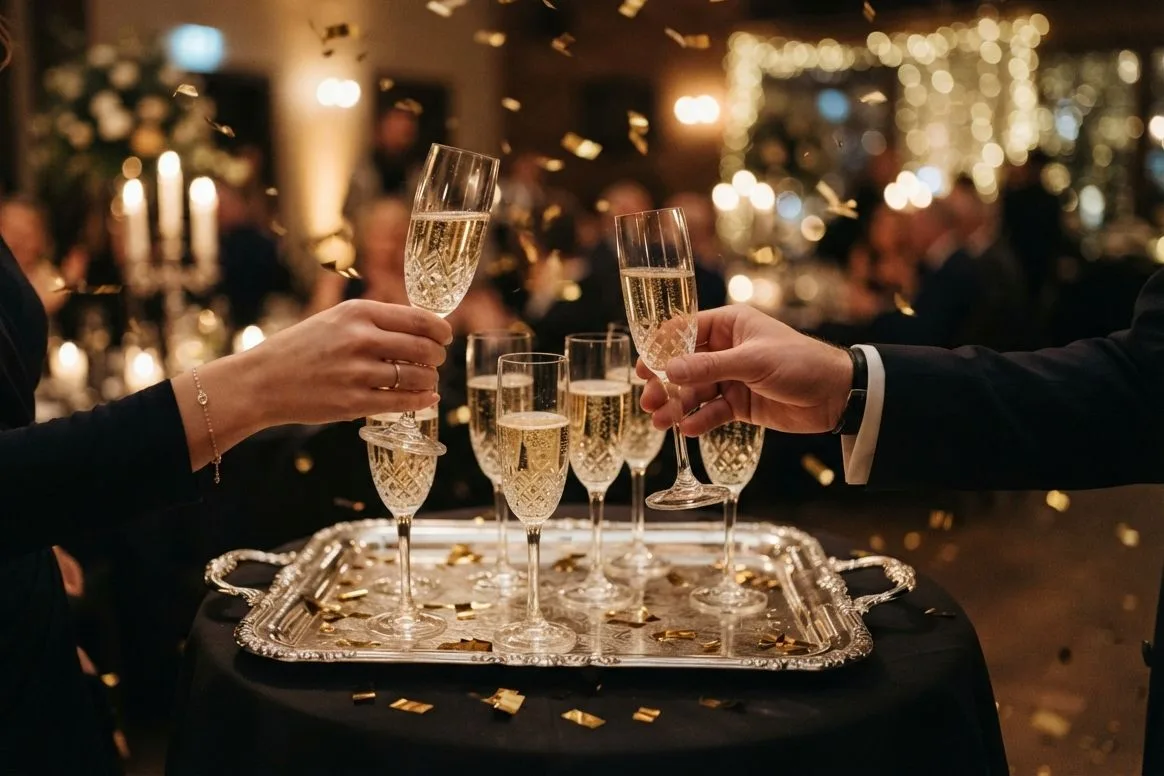 Toast beim Firmenjubiläum: Hände greifen Sektgläser vom Tablett, goldenes Konfetti
