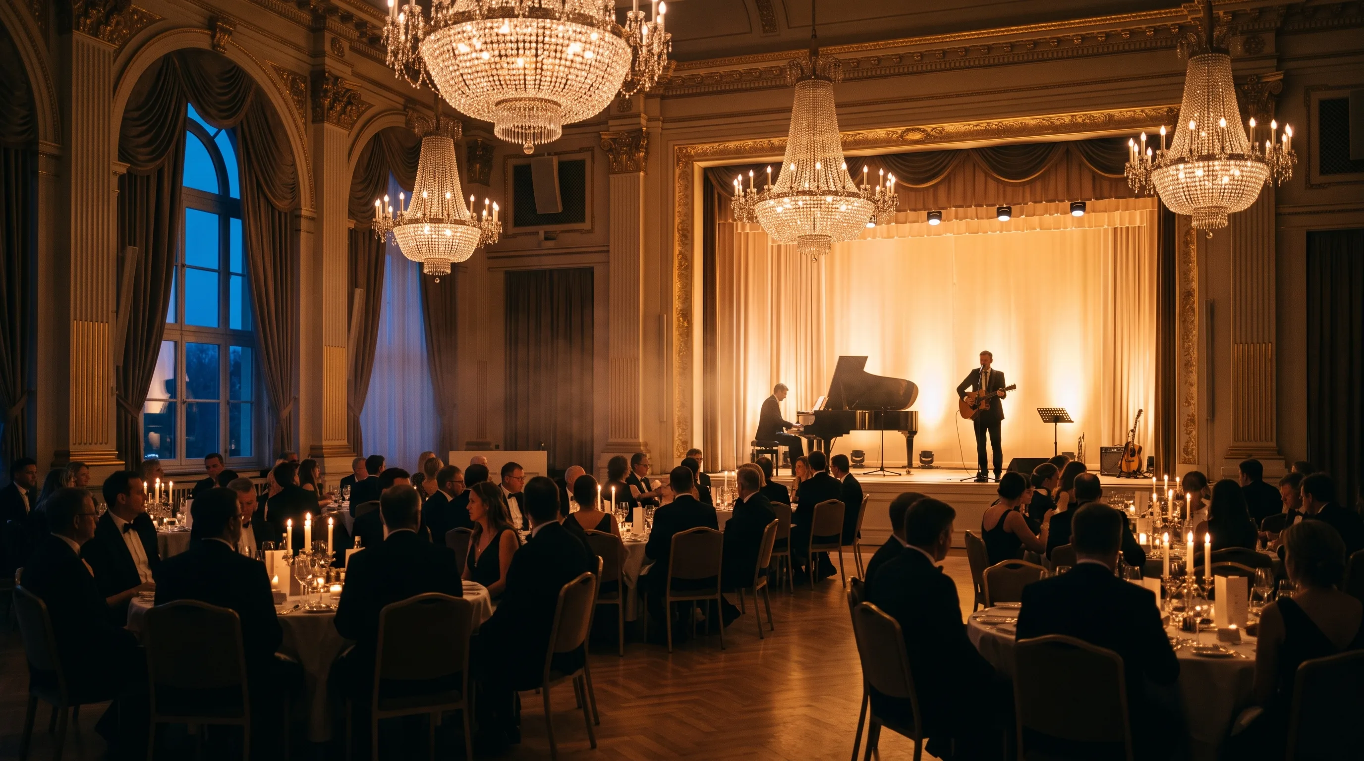 Elegante Abend-Gala im Ballsaal: Duo mit Flügel und Gitarre auf edler Bühne, Gäste in Abendgarderobe