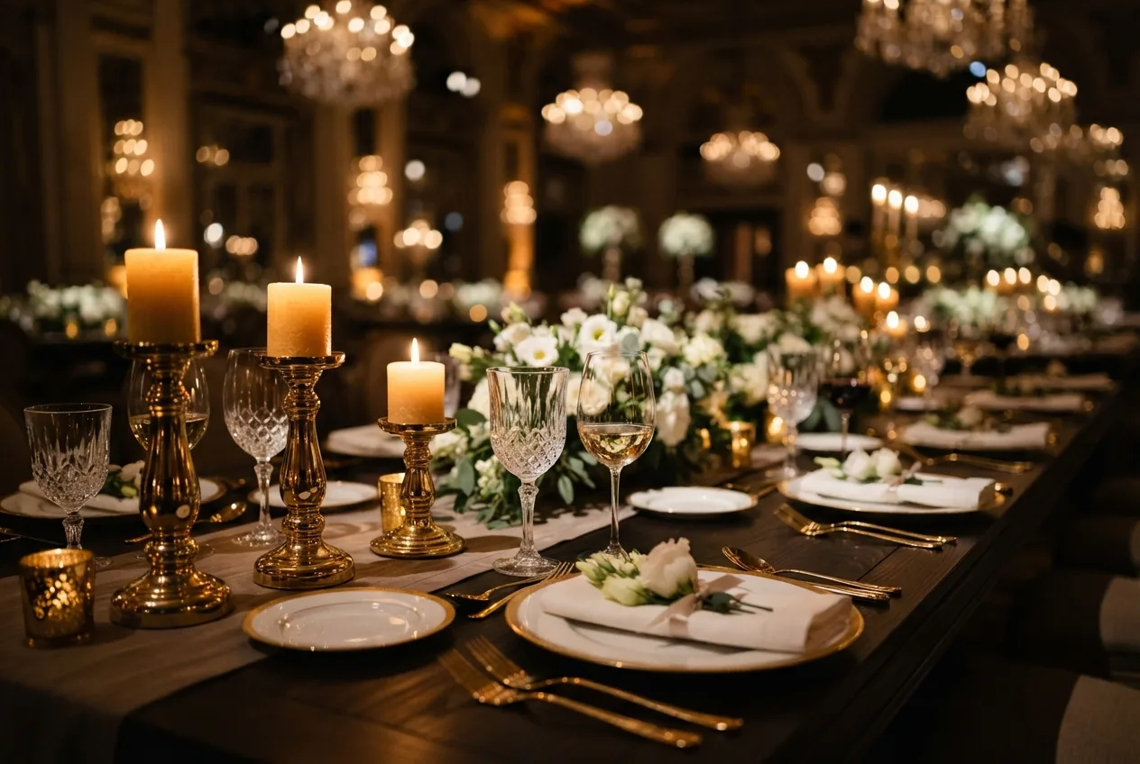 Festlich gedeckte Gala-Tafel mit Kristallgläsern und Kerzen im goldenen Licht