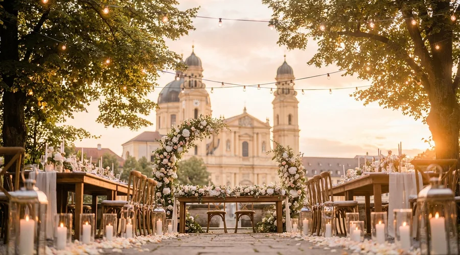 Elegante Hochzeitslocation in München mit festlicher Dekoration bei goldener Stunde