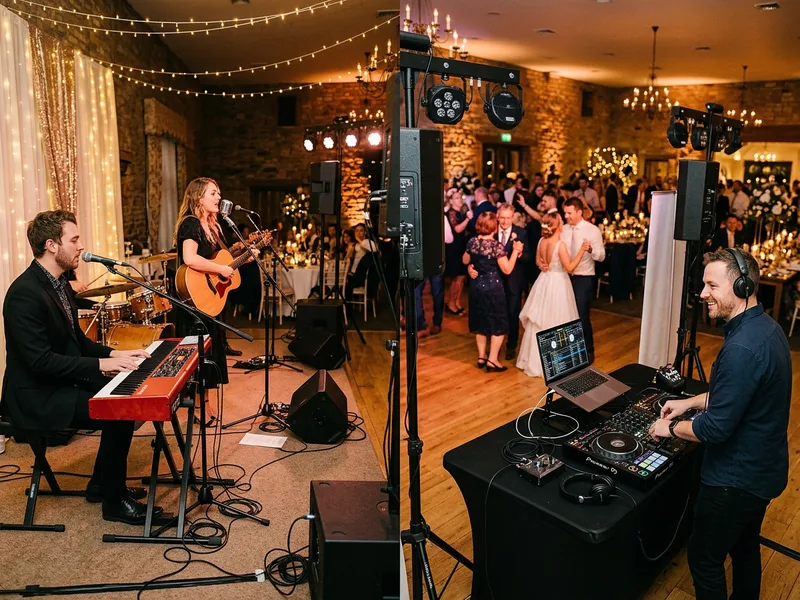 Mitchy und Andre spielen Live-Musik auf einer Hochzeit mit DJ-Setup im Hintergrund