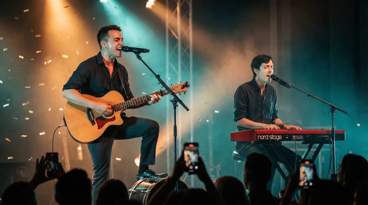 Mitchy & André live auf der Bühne – volle Tanzfläche bei einer Hochzeitsparty in München