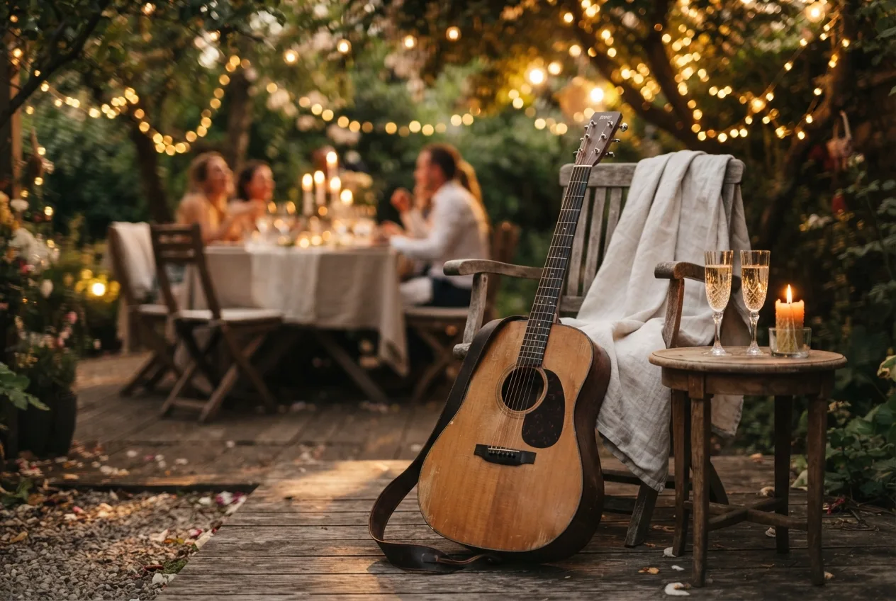 Akustikgitarre und Sektgläser bei einer privaten Gartenfeier am Abend