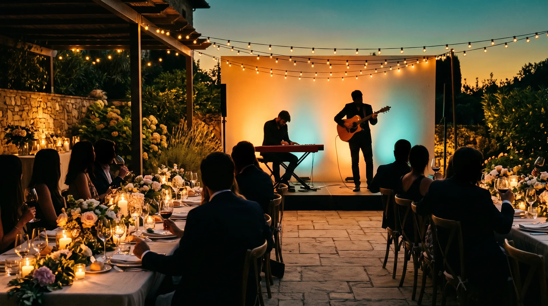 Private Gartenfeier am Abend: festliche Tafel unter Lichterketten, Duo mit Piano und Gitarre auf der Terrassenbühne