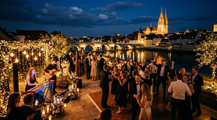 Hochzeitsband Regensburg spielt Live-Musik bei Hochzeitsfeier mit Blick auf die Steinerne Brücke
