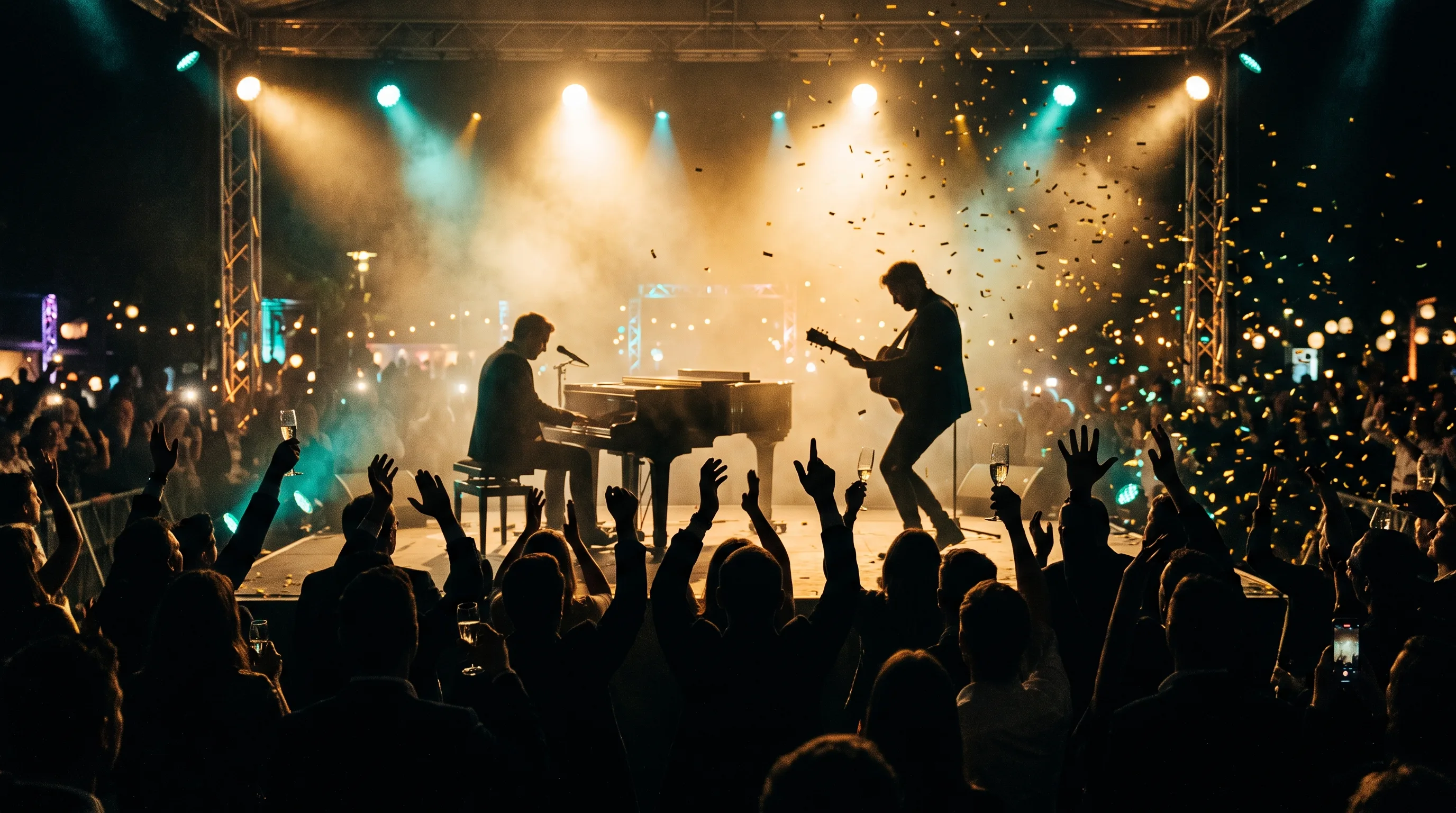 Show-Moment auf einer Firmenfeier: Duo mit Piano und Gitarre im Gegenlicht, Konfetti über dem Publikum