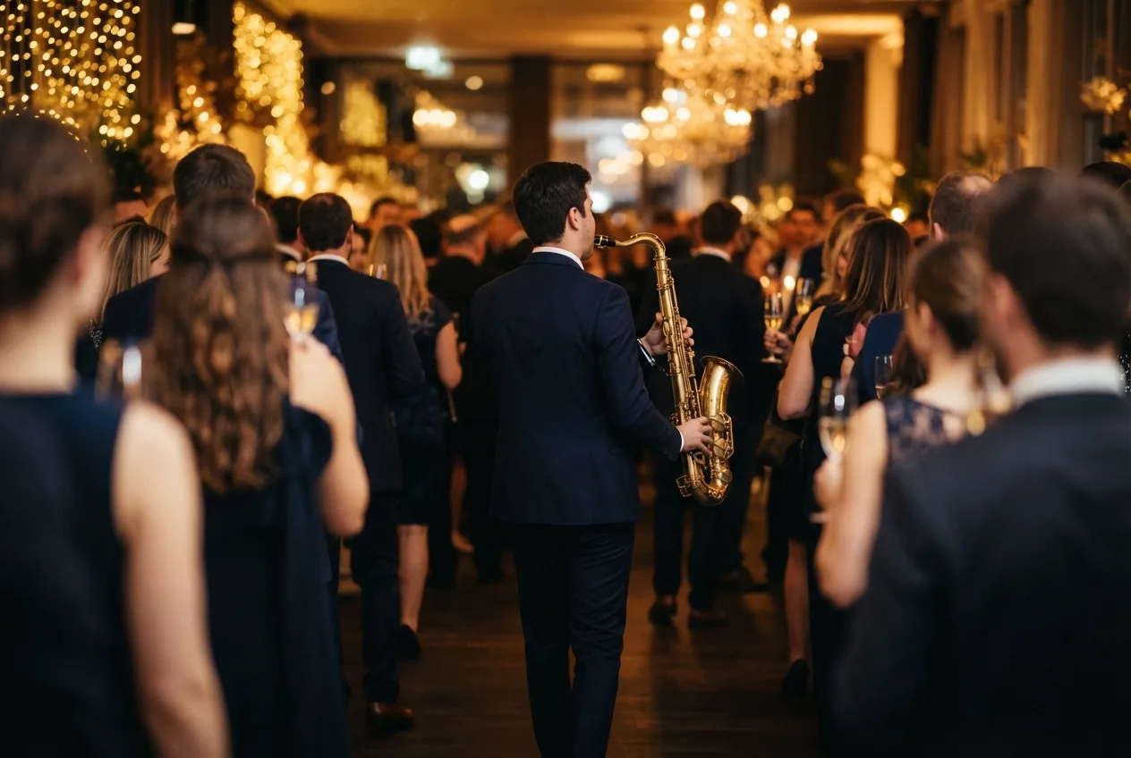 Saxophonist zieht als Walking Act durch die Gäste eines Firmen-Empfangs