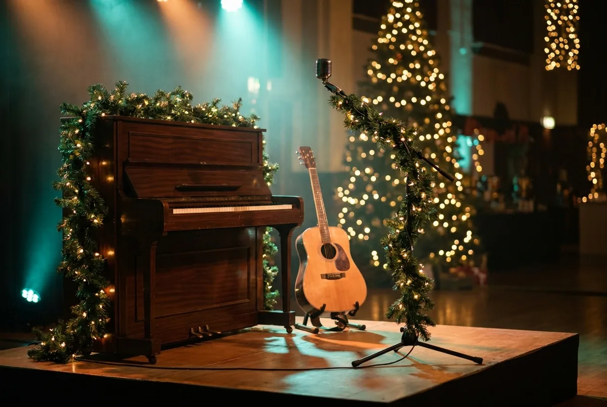 Weihnachtlich dekorierte Bühne mit Klavier und Akustikgitarre