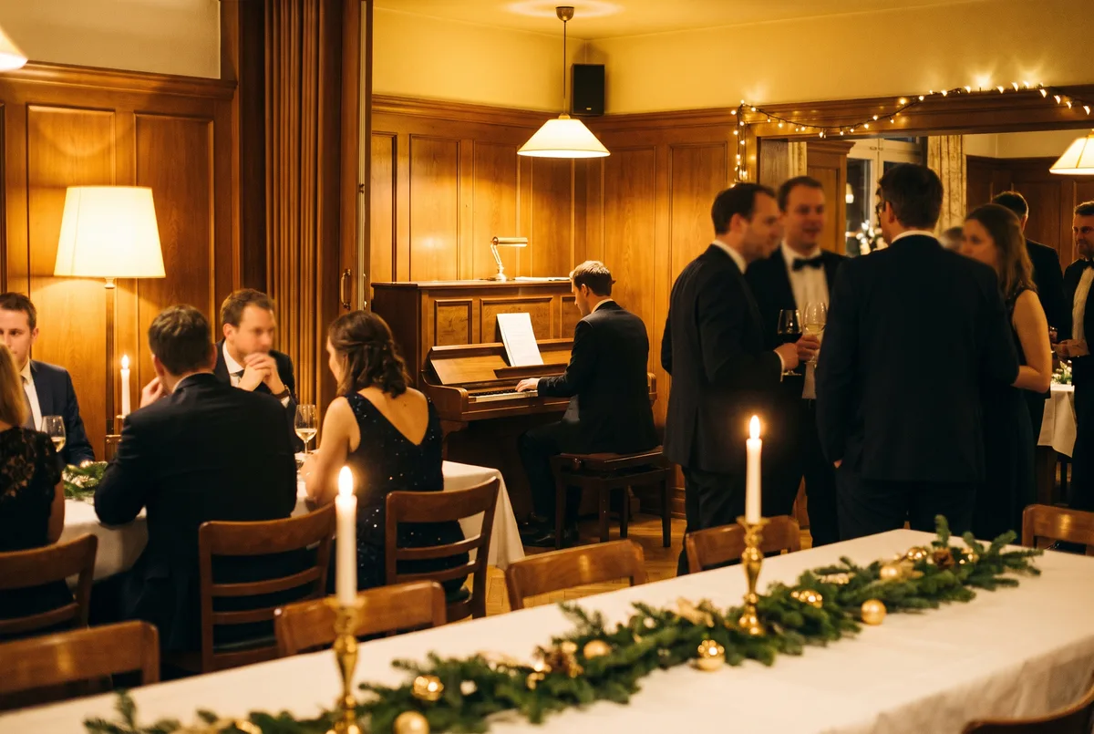 Festliches Weihnachtsdinner mit Live-Piano im Hintergrund