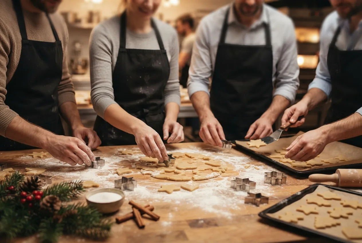 Hände formen Plätzchen beim Firmen-Backevent in einer Backstube