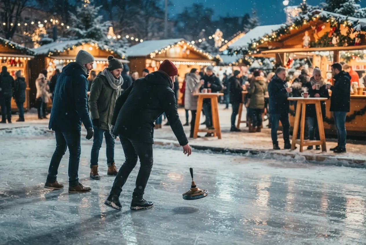 Kollegen beim Eisstockschießen auf einer festlich beleuchteten Winterbahn