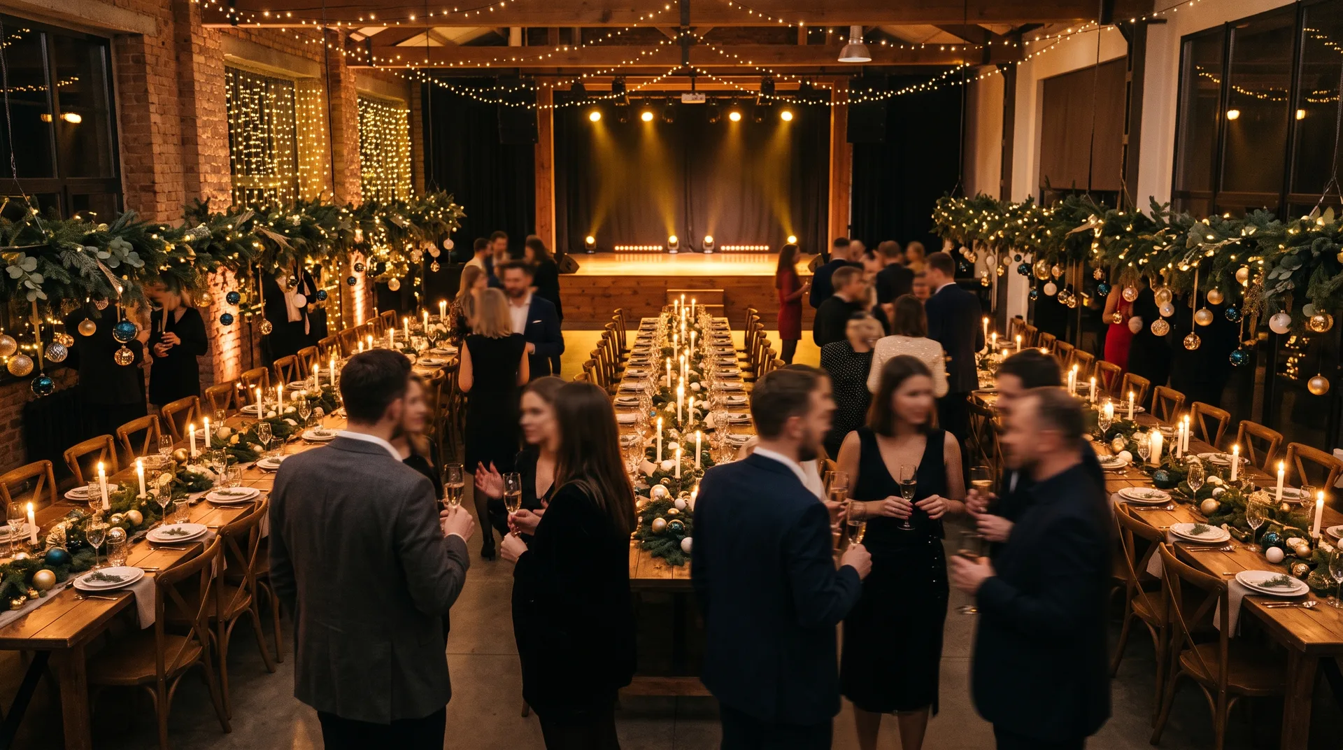Festlich geschmückter Loft-Saal einer Firmenweihnachtsfeier mit Lichterketten und Bühne