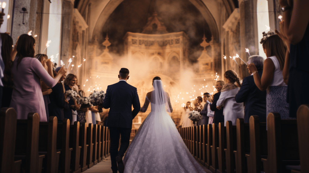 Hochzeitspaar läuft in Kirche