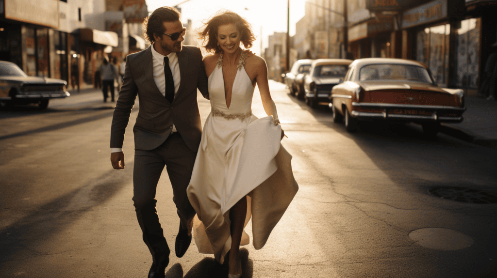 Paar läuft im 60er stil durch die Straßen